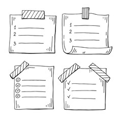 Memo paper sheet icon set. Hand drawn vector illustration on isolated background.
