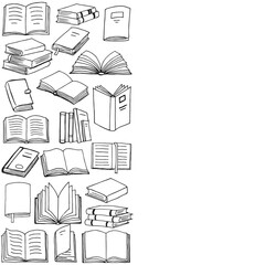 Border of books. Collection of various position books with open and developmental pages symbol.