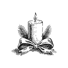 Christmas candle. Vector Holidays illustration of candle with pine branches. Hand drawn