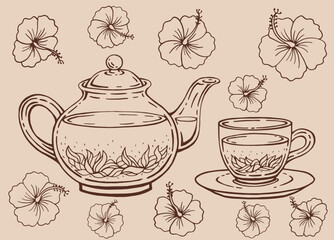 Tea set with glass teapot and cup, hibiscus. Hand drawn vector illustration in outline style.