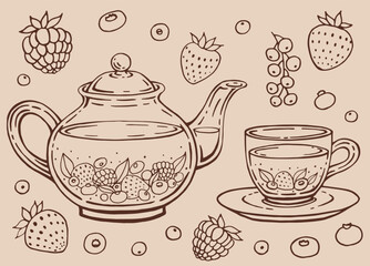 Tea set with glass teapot and cup, berries. Hand drawn vector illustration in outline style.
