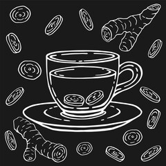 Glass cup of tea, ginger. Hand drawn vector illustration in outline style.