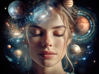 Planets, galaxies, and nebulae emanating from a woman's. Concept of clairvoyance and prediction.