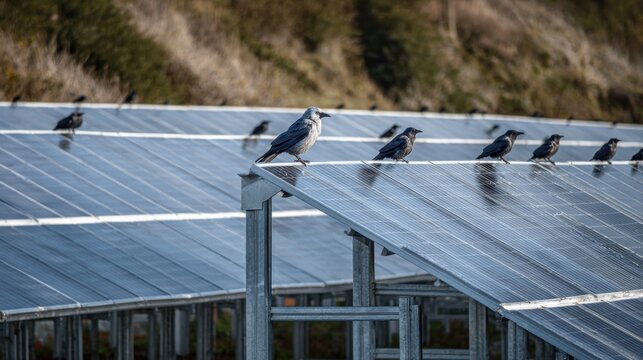 Crows Resting on Solar Panels, Renewable Energy Concept