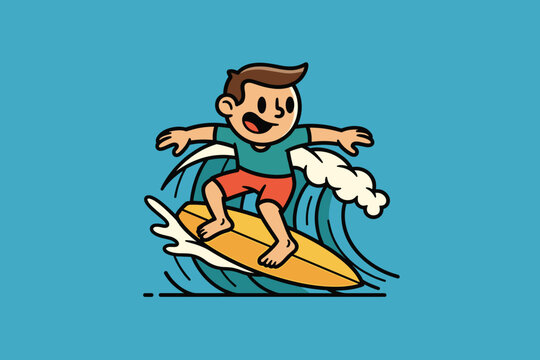Young boy surfing on a yellow surfboard riding a wave with splas