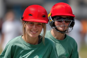 Girls in red helmets smiling during a softball practice session on a sunny day