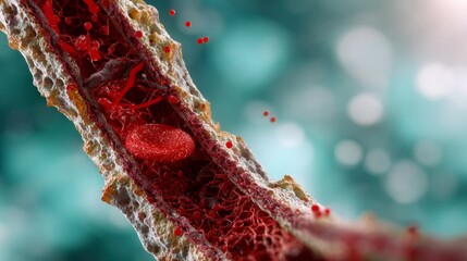 Atherosclerosis showing a diseased artery with plaque narrowing the lumen, red blood cells flowing in a blood vessel
