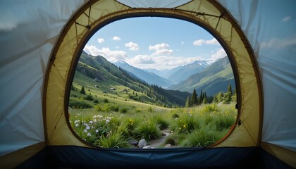 Inside-tent viewpoint: breezy summer landscape with towering mountain ridges