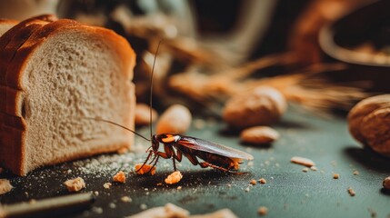 Cockroach scurrying across kitchen counter near bread slices, contaminating food with crumbs and dirt
