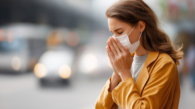 Faceless woman sneezing in face mask walking defocused urban street background pandemic prevention public health safety respiratory protection city illness seasonal cold with