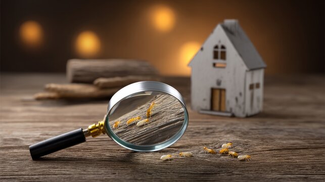 Home inspection for termite infestation showing pest control concept with magnifying glass on wooden surface