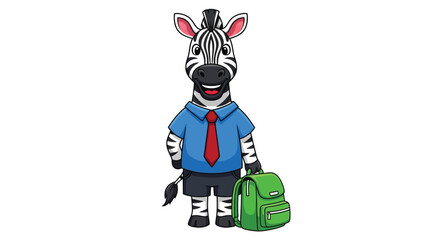 A cheerful zebra character wearing a blue shirt, tie, and carrying a green backpack.