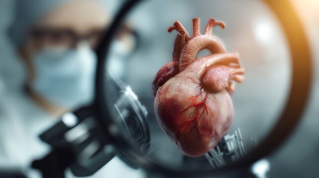Scientist examining human heart model with magnifying glass, researching cardiology and medical anatomy