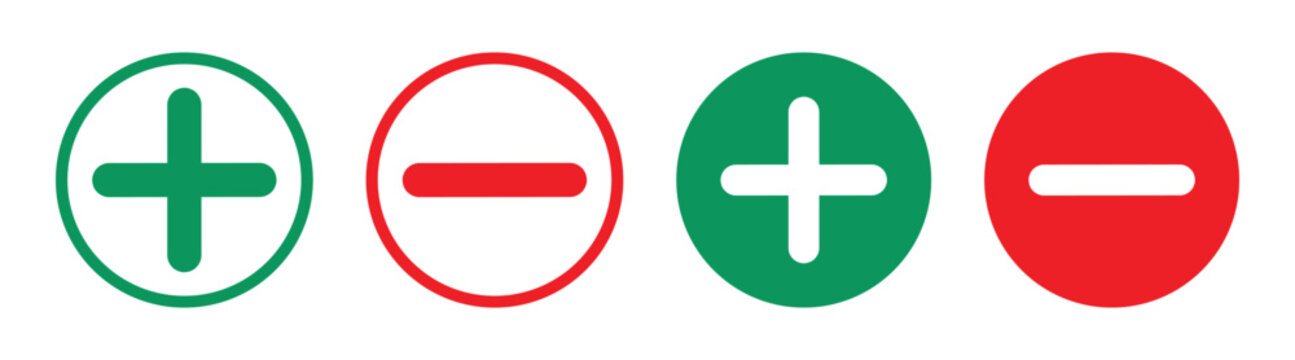 Plus and minus signs vector icons set. Mathematical symbols, add subtract, pros cons, positive negative, up down buttons in a circle. Vector illustration on transparent background.