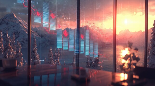 Winter Office View With Financial Charts At Sunset