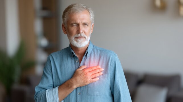 Mature man having acute heart discomfort, holding his chest with a distressed expression, indicating a cardiac health issue