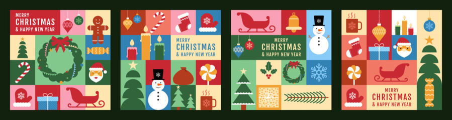 set of merry christmas and happy new year geometric seamless square banner best for social media post, banner, invitation cards, background, gift wrapper