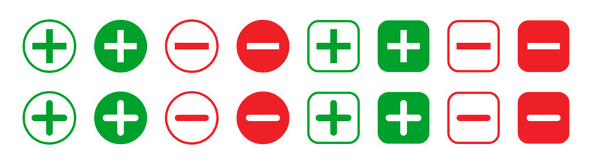 Fototapeta premium Plus and minus signs vector icons set. Mathematical symbols, add subtract, pros cons, positive negative, up down buttons in a circle. Vector illustration on transparent background.