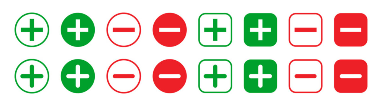 Plus and minus signs vector icons set. Mathematical symbols, add subtract, pros cons, positive negative, up down buttons in a circle. Vector illustration on transparent background.