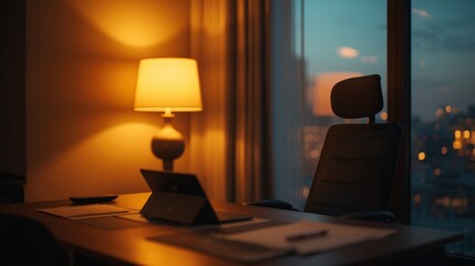 Home office with warm lighting – cozy workspace setup, modern remote work interior, productive desk environment