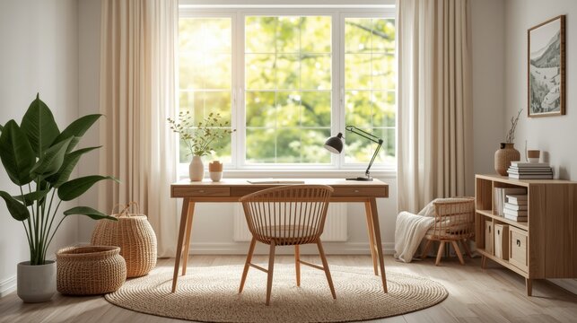 Home office with warm lighting – cozy workspace setup, modern remote work interior, productive desk environment