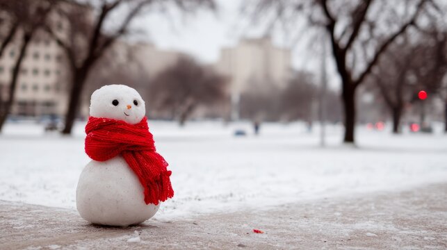 Snowman wearing red scarf standing in snowy city park on winter day, representing warmth and festive season - Powered by Adobe