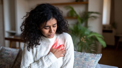Woman feeling severe chest pain, clutching her chest, experiencing discomfort from heart issues, stress, or anxiety
