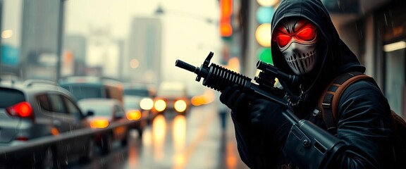 Masked figure, assault rifle, rain-slicked urban backdrop,  assault rifle,   protection