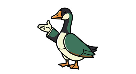 Cartoon goose gesturing with hand and wing on white background
