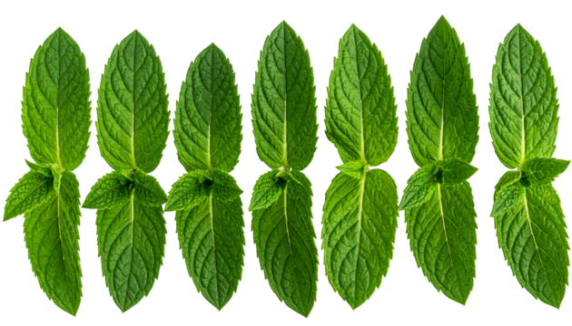 Six fresh green leaves on black background, showcasing intricate veining