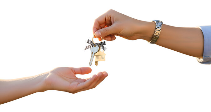 Hand Handing Over House Keys with House Keychain to New Owner