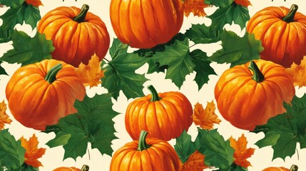 Bright orange pumpkins rest among green and golden leaves, creating a cheerful autumn pattern perfect for seasonal decorations and festive events. This design captures the essence of fall