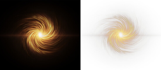 Golden light swirl. Rotating bright vortex, glowing twirl on dark background and transparent background for design use. Isolated illustration with PNG overlay