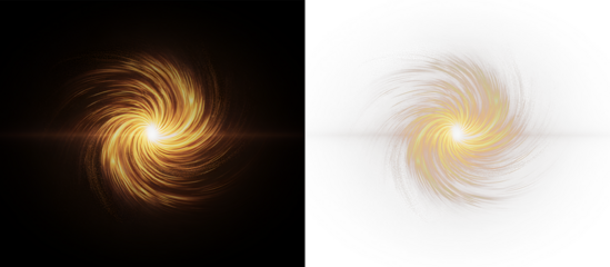 Golden light swirl. Rotating bright vortex with glowing dust on dark background and transparent background for design use. Isolated illustration with PNG overlay