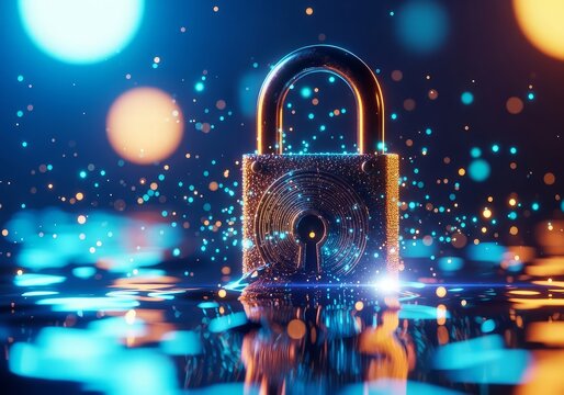 Close up of a padlock with glowing particles and reflections on a dark surface and bokeh lights