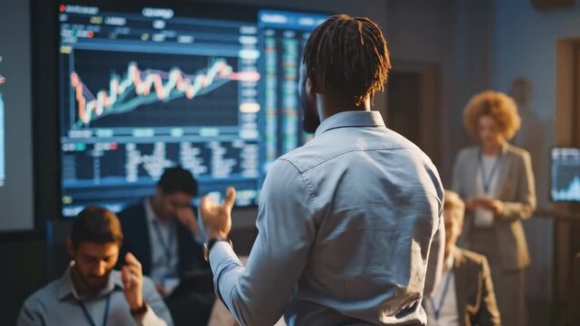 A presenter addresses a diverse team as stock charts fill screens in a modern conference room today
