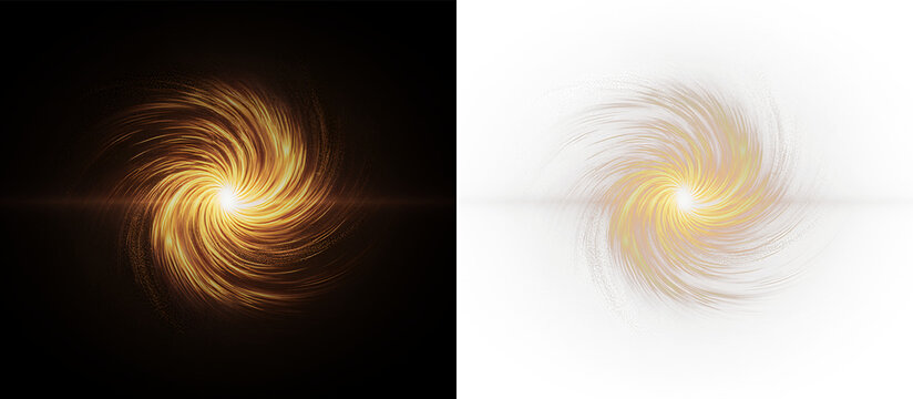 Golden light swirl. Rotating bright vortex with glowing dust on dark background and transparent background for design use. Isolated illustration with PNG overlay