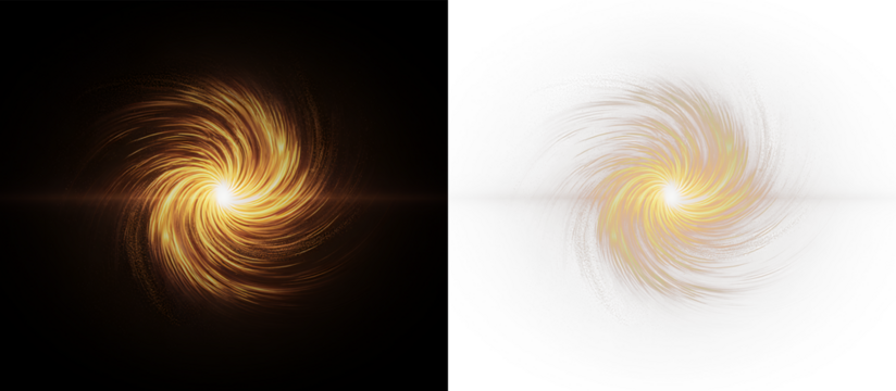 Golden light swirl. Rotating bright vortex with glowing dust on dark background and transparent background for design use. Isolated illustration with PNG overlay