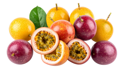 Group of passion fruits, some cut, with a leaf, all on black