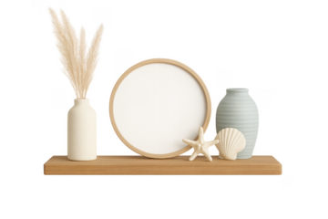 Minimalist coastal home decor mockup with empty round frame