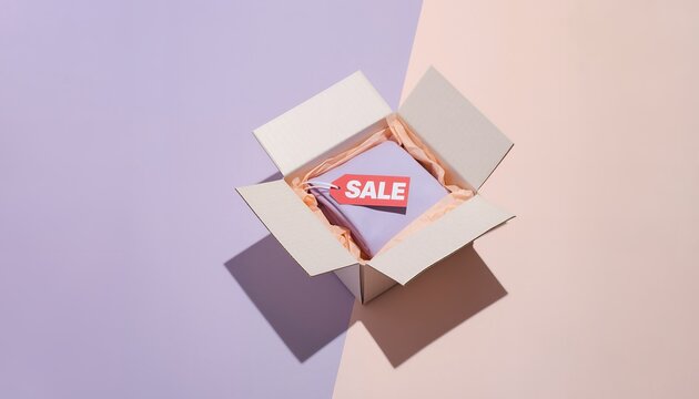 Open cardboard box with sale tag inside