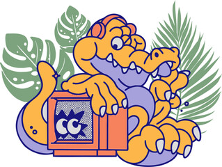 Quirky Cartoon Alligator Character Chilling with Headphones and Retro Boombox. Fun Pop Art Illustration with Tropical Leaves and Bright Colors perfect for Music Apparel, DJ Graphic, or Exotic Design 