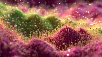 Abstract organic landscape with tiny pink and green spiky forms and sparkling golden bokeh creating a magical fantasy