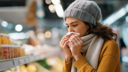 Faceless woman covering mouth with tissue while shopping defocused grocery store background winter season illness public health consideration respiratory etiquette shopping