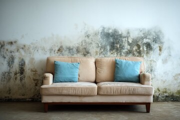 Fototapeta premium Couch and pillows against a distressed wall