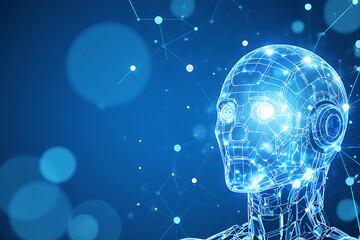 Futuristic AI robot head glowing with artificial intelligence and digital connections