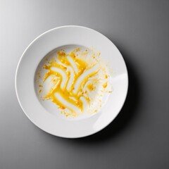 Dirty Plate After Eating Food with Sauce Top View on Gray Table Leftover from Delicious Meal Food Waste Empty Dish After Lunch Meal Flat Lay