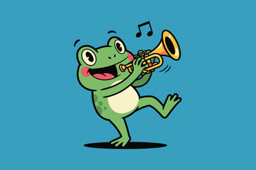 Obraz premium Cute cartoon frog playing trumpet with musical notes.