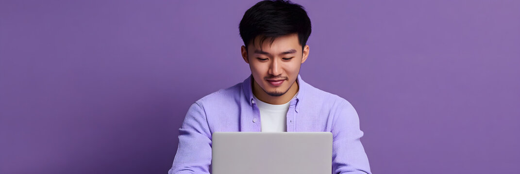 focused man streaming an online course on his laptop - leveraging digital technology for lifelong learning and skill development wide banner - purple background