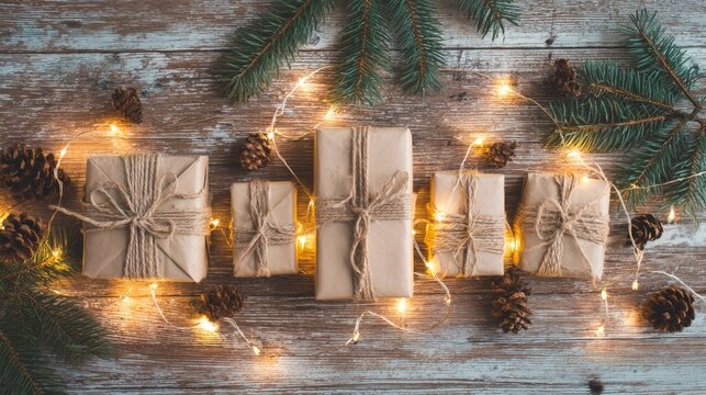 Rustic christmas presents on wooden background with pine branches, cones, and festive string lights creating holiday atmosphere